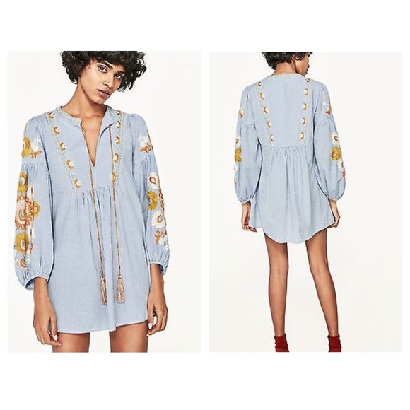 Zara Dresses & Skirts - Zara Gingham blue embroidered checkered dress M